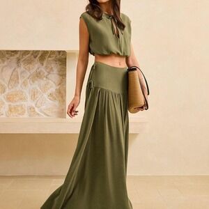 Olive Green Tie-Detail Crop Top and Maxi‎ Ruffled Skirt Set Small  Linen Blend